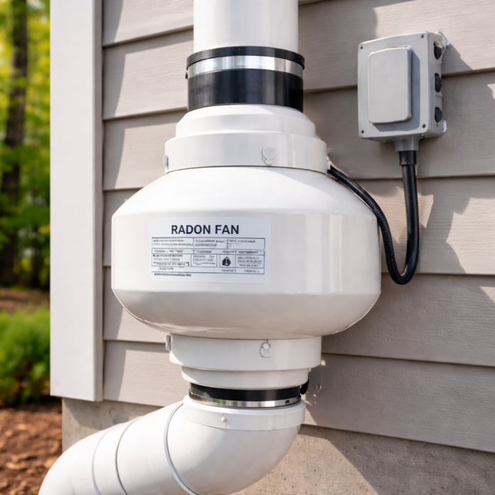 Radon mitigation system on house side